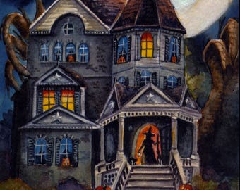 Halloween Haunted Witch Mansion - PRINT of my Original Halloween Watercolor Painting Folk Art