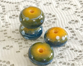 2+ yellow blue enamel beads - handmade lampwork glass bead - Rustic ancient beads - Focal Bead