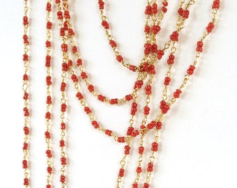 Coral Gold Rosary Chain, Glass Bead Chain, 3mm, 5Ft