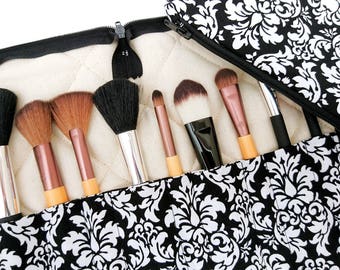Travel makeup brush holder, brush organiser and bag, brush holder and bag set, damask makeup bag, wife gift, black gift