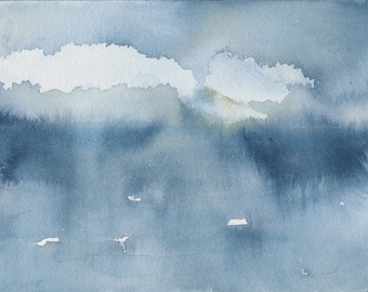 Light Through the Clouds, Original Abstract Waterscape Painting, Watercolour, Blue and White