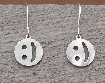 Cute Little Geeky Emoticon Smiley Face Earrings - Teen Girl Gift Sterling Silver - Happy Face Nerd Jewelry for Women- Geekery Teens
