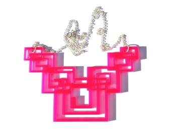Pink Geometric Necklace Tron Inspired Laser Cut in Acrylic Perspex on Sterling Silver Chain