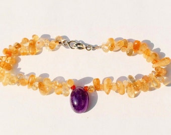 Gemstone bracelet with silver clasp 18.3 cm, citrine, amethyst and Carnelian