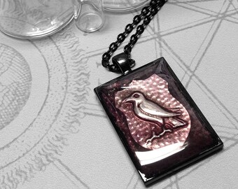 Plum Crow Shield Black Rectangle : hand embossed repoussé metal pendant necklace
