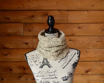 Gifts For Her, Gifts For Him, Tan Knitted Cowl, Tan Infinity Scarf, Tan Knitted Scarf, Hand-Knit Scarf, Tan Circle Scarf, Oatmeal Knit Cowl