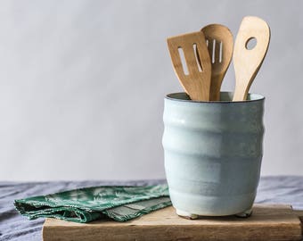 Large ceramic utensil holder, Kitchen container, Big ceramic utensil jar, Light blue kitchen decor, Pottery unique vessel, Housewarming gift