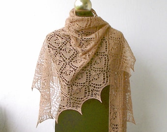 Camel Beige hand knitted silk and merino lace shawl