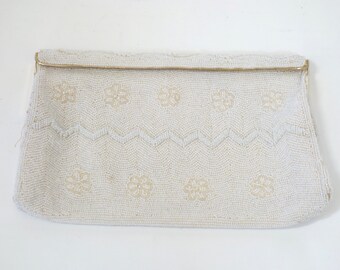 Vintage Beaded Satin Clutch, Ivory Bead Purse, 1950s Clutch, Wedding Clutch,Joseph Magnin
