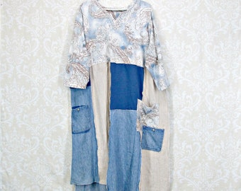 Plus Size Dress, Boho Dress, Wearable Art, Funky Linen Dress, Summer Dress, Long Tunic, Denim Dress, Plus Size Tunic, Patch Pockets