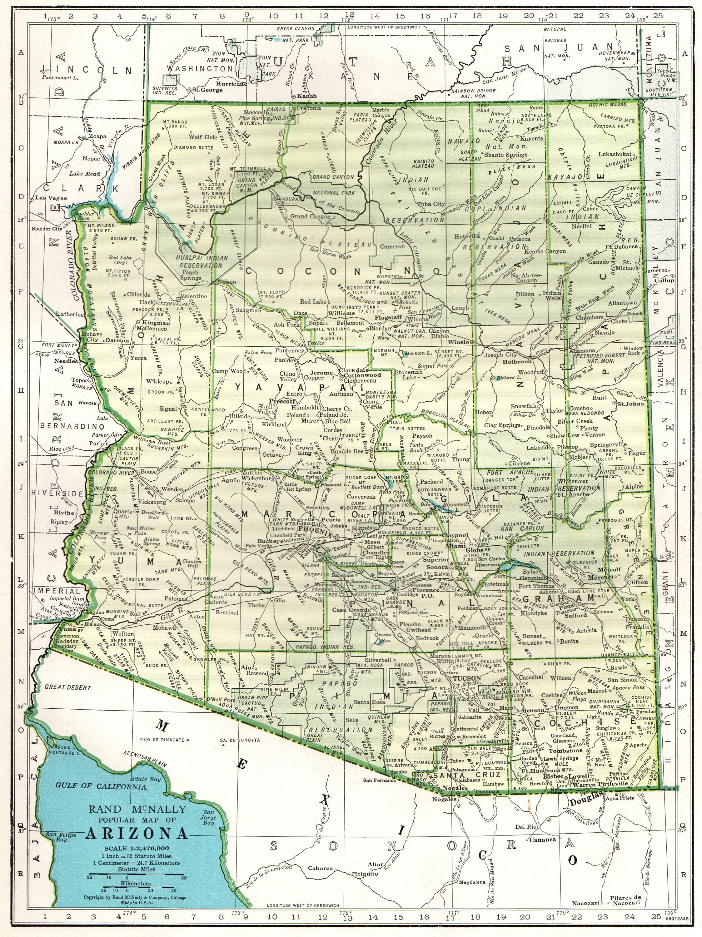 Vintage ARIZONA Map 1945 State Map of Arizona Print Gallery