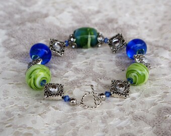 Chunky Lampwork Beaded Bracelet Swirled Blues/Greens/White with Swarovski Crystals