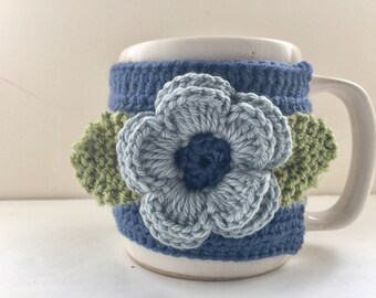 Floral Cup Cosy, Cup Sleeve, Mug Cosy, Cup Cozy, Mug Sleeve, Mug Warmer - Pure Wool