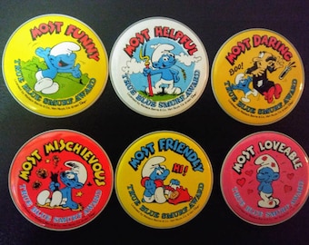 Vintage Smurfs True Blue Awards/1982 Metal Button/Choice of 6 Smurf Sticker Awards/Smurfs Cartoon Advertising Collectibles/New Smurf Badges