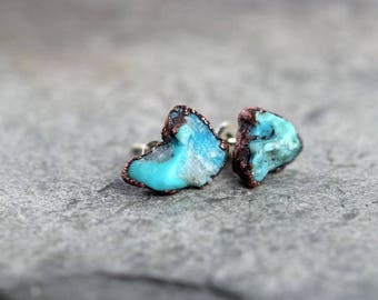 Turquoise Earrings - Bright Blue Stone Posts - Sterling Silver Studs - Electroformed Stone