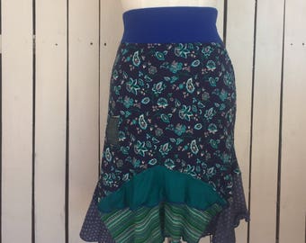 Upcycled blue floral skirt-denim patch-knit skirt-mixed prints- urban gypsy boho chic-romantic hippie skirt Sz M- 75rabbitDesigns