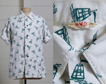 1950s Cotton Rockabilly Shirt BVD Brand Water Buoy Two Pocket Cabana Shirt