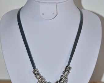 Navy blue leather necklace with beads transparent charm