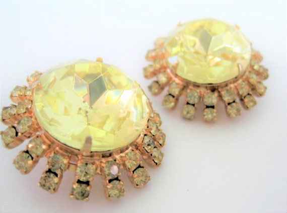 Yellow Cabochon Earrings, Faceted Citrine Glass, 60's Dome Shaped, Rhinestone Surround, Clip On Earrings
