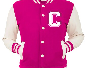 Personalized Pink Varsity Jacket, Base Ball Jacket, Letterman Jacket Pink & White - Custom Letter C