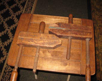 ANTIQUE WOODEN CLAMPS Dowel Clamps Spres Dowel Mfg. Grand Rapids Michigan and A.G. Archer Love And Co. Measure 10" x 17" and 10" x 16"