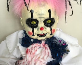 Creepy clown doll. Halloween prop. OOAK art doll
