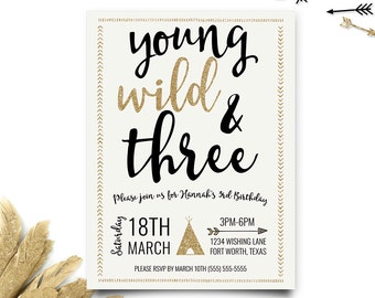 young wild and three invitations third birthday invitations