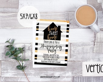 Black, White, & Gold Glitter Striped Housewarming Party Invitation - 5x7 or 6x8, Home Sweet Home, New Home, Home Owners, Digital Print