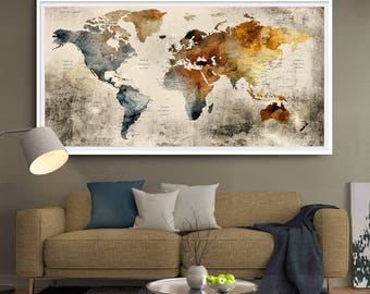World Map Wall Art, Large wall decor, extra large wall art, extra large art, rustic home decor, Push Pin World Map Poster (L110)