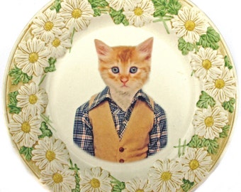 SALE - Damaged - Tommy Cat, School Portrait - Altered Vintage Plate, 10.5"