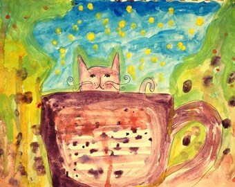 Whimsical cat in a teacup painting PRINT