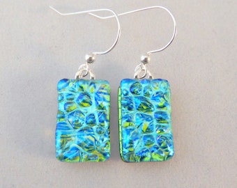Green and Blue Dichroic Fused Glass Dangle Earrings, Fused Glass, Fused Glass Earrings, Glass Earrings, Dichroic Earrings, Green Earrings