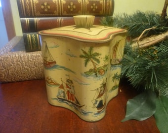 Vintage Candy Container From S.L.K. Co. Inc. 1960, Candy Tin With Boats and Ships, Nautical Theme Candy Tin