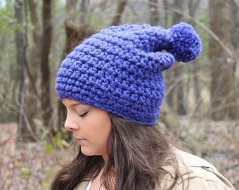 Pom Pom Hat, Crochet Hat, Blue Slouchy Hat, Blue Slouchy Beanie, Blue Beanie,Blue Winter Hat,Blue Women's Hat,Blue Crochet Beanie,THE HUDSON