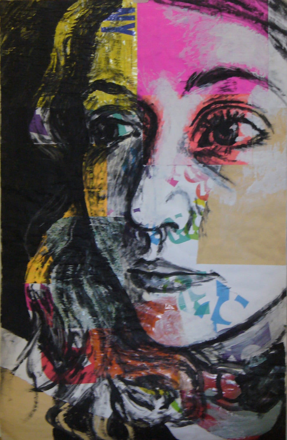 Mixed media recycled materials self portrait on paper gesso