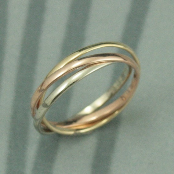 14K Tri Color Rolling Ring  Rose White and Yellow Gold