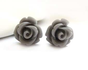 SALE - Grey Rose Stud Earrings
