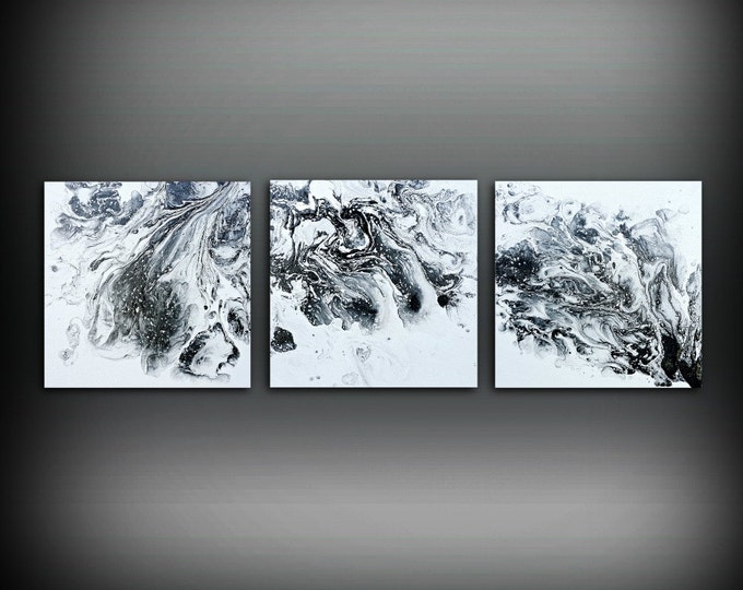 ORIGINAL Art Painting Acrylic Abstract Small Wall Black And White Triptych ORIGINAL Art Painting Acrylic Abstract Small Wall Black And White Triptych