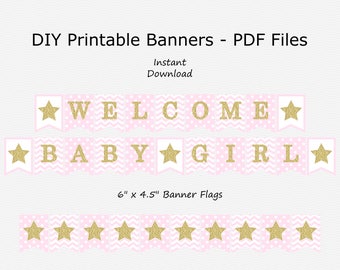 Welcome Baby Girl Banner - Pale Pink & Gold Sparkle - Twinkle Twinkle Little Star Baby Shower - PRINTABLE - INSTANT DOWNLOAD