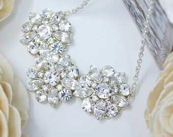 Wedding Necklace, Bridal Statement Necklace, Crystal Silver Necklace, Wedding Jewelry, Bridal Jewelry, Vintage Rose Collection