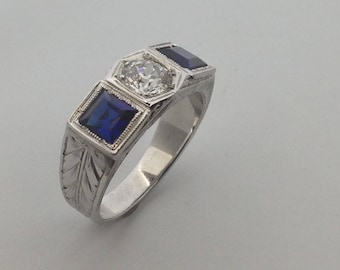 Art Deco Style Ring with Natural Diamond and Created Sapphire Solid 18kt White Gold