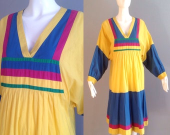 Vintage 70s Boho Hippie Colour Block Cotton Dress ~ Sheer Dolman Sleeve Festival Maxi ~ Pleated Festival Caftan Son of Siam ~ Ethnic Maxi