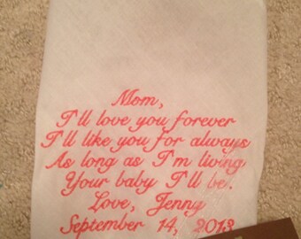 Mother of the Groom LACE SCRIPT Heirloom Personalized Wedding Handkerchief Custom Embroidered