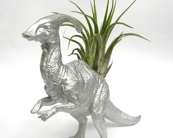 Silver Parasaurolophus Dinosaur Planter with Air Plant // Coworker Gift // For Her // For Him