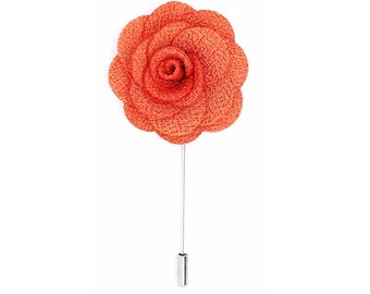 FLOWER LAPEL PIN: Tangerine Orange Microfiber Rose. Custom Mens Handmade Wedding Boutonniere, Brooches, Lovely Lapels
