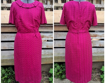 Vintage 1960s Wine Raspberry Fitted Fully Lined Textured Polyester Wiggle Dress Jackie Kennedy Style