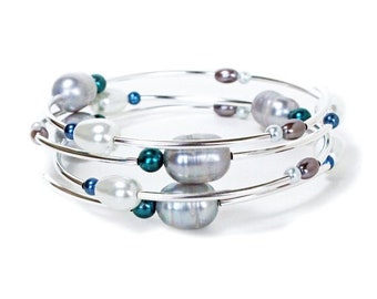 Clearance sale Silver white mauve emerald green and blue pearl silver spiral memory wire bracelet