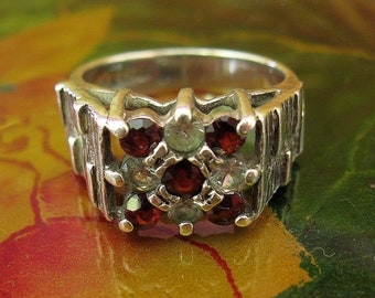 Sterling Silver Garnet & c/z Cluster Ring