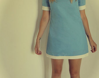 Blue and White Dress Mod 1960s Vintage Design, Twiggy Mod Dress, Blue White Shift Dress, 1960s Dress, Blue 1960s Dress, Mod Blue 60s Dress