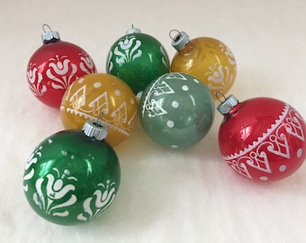 Shiny Brite Vintage Glass Ball Stencil Ornament Red Green Yellow Blue